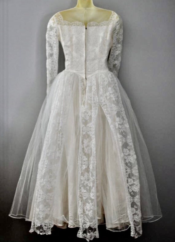 1950s Wedding Gown Bridal Dress, Long Lace Sleeve… - image 5