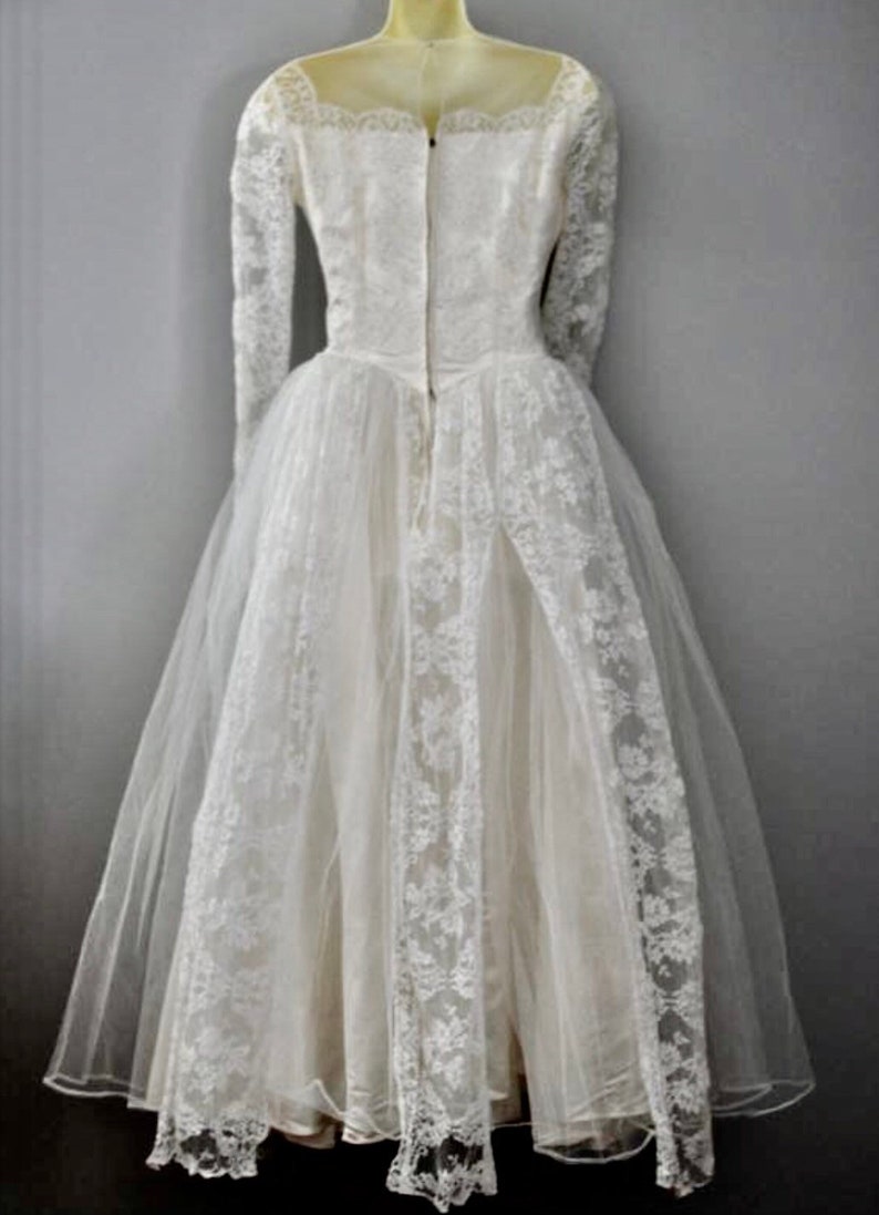 1950s Wedding Gown Bridal Dress, Long Lace Sleeves Princess Basque Waist Layers Of Tulle And Lace Illusion At Neck Covered Buttons Beautiful image 5