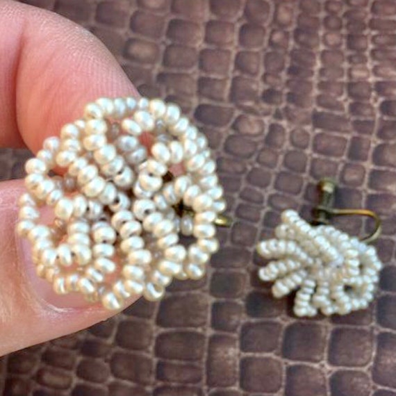 1950s Vintage Pearl Glass Seed Bead Earrings, Bea… - image 6