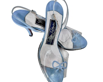 50's Turquoise Clear Vinyl and Leather Bow Heels, From Stanley Philipson Designer Collection, Sling Back, Peep Toe, Dancing Beauties