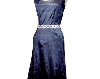 Vintage 1950s Silk Dress: Rhinestone Pockets, Midnight Blue, Size M