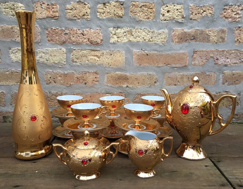 Reserved Flores Bavaria Gold Tea Set with red faux gems Etsy