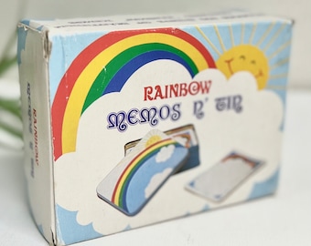 Rainbow Paper Notes in a Metal Tin Container - Memos 'N Tin - New In Box - 300 Sheets - Sunny Smiles and Rainbows - Awesome Gift!