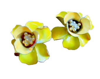 Yellow Flower Clip On Earrings 1950's Bright and Sunny Lemon Yellow Gift For Her, Any Occasion Casual Or Dressy Summer Fun Spring Burst