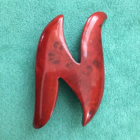 Letter N brooch Wooden pin 1970's great gift pres… - image 3