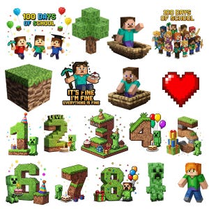 May include: A collection of Minecraft-themed digital stickers featuring blocky characters, grass blocks, trees, hearts, and numbers one through eight decorated for birthdays. Text includes 100 DAYS OF SCHOOL and IT'S FINE I'M FINE EVERYTHING IS FINE.