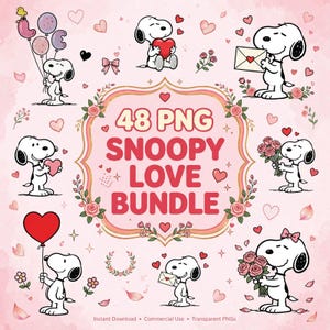 May include: A digital collection of 48 Snoopy illustrations featuring the character with hearts, flowers, balloons, and envelopes. The central text reads 48 PNG SNOOPY LOVE BUNDLE, surrounded by pink floral accents and various small heart icons.