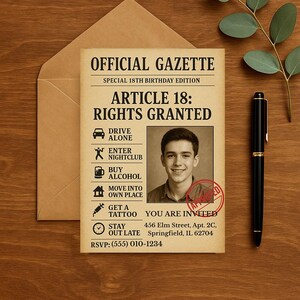 Faire-part 18e anniversaire amusant pour lui - Style journal modifiable | Invitation imprimable en téléchargement numérique pour homme ou garçon