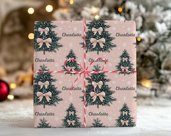 Personalized Pink Christmas Wrapping Paper Roll with Name, Coquette Custom Holiday Gift Wrap Xmas Tree, Customized Santa Name Wrapping Roll