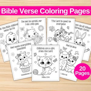 Puede incluir: Un conjunto de páginas para colorear con versículos bíblicos con adorables ilustraciones de animales. Las páginas incluyen texto como "Dejad que los niños vengan a mí" y "Los hijos son una herencia del Señor". La imagen también incluye una pancarta rosa con "Bible Verse Coloring Pages".