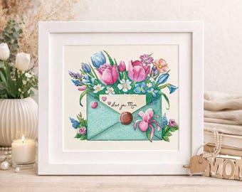 Patrón de punto de cruz con diseño floral para sobre, diagrama de bordado "Te quiero, mamá" para el Día de la Madre (PDF)