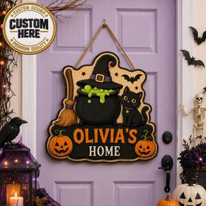 Personalized Witch Cauldron Halloween Door Sign, Custom Name Sign, 2 Layer Wooden Welcome Sign, Spooky Front Door Decor