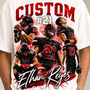 May include: A white t-shirt featuring a graphic print of a football player wearing a black uniform with the number 21 in various poses. The design includes the text CUSTOM #21 at the top and the name Ethan Reyes in script at the bottom.