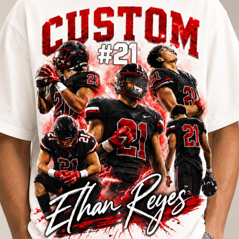 May include: A white t-shirt featuring a graphic print of a football player wearing a black uniform with the number 21 in various poses. The design includes the text CUSTOM #21 at the top and the name Ethan Reyes in script at the bottom.