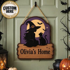 Personalized Witch & Black Cat Halloween Door Sign, Custom Name Sign, 2 Layer Wooden Welcome Sign, Spooky Front Door Decor
