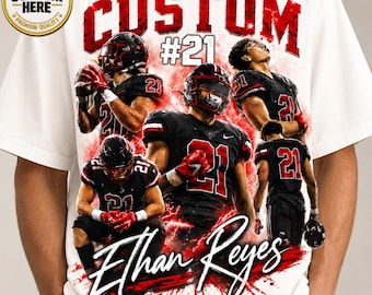 May include: A white t-shirt featuring a graphic print of a football player wearing a black uniform with the number 21 in various poses. The design includes red lightning effects, the text CUSTOM #21, and the name Ethan Reyes in script font.