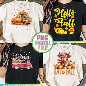 May include: Four t-shirts with fall-themed designs. One shirt features an orange truck filled with pumpkins, another says "Hello Fall" with leaves and a cornucopia, a third has a red truck with pumpkins, and the last says "Hay Fall" with a cow.