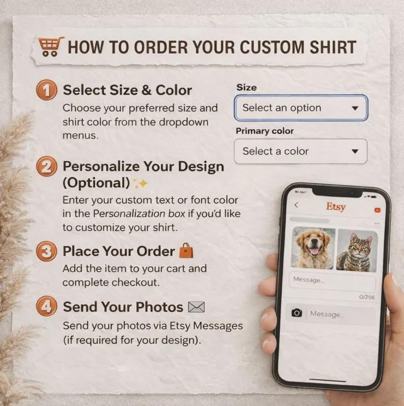 K&ouml;nnte beinhalten: Eine Anleitung mit dem Titel HOW TO ORDER YOUR CUSTOM SHIRT mit vier nummerierten Schritten. Sie enth&auml;lt Beispiele f&uuml;r Dropdown-Men&uuml;s f&uuml;r Gr&ouml;&szlig;e und Farbe sowie ein Smartphone, das eine Etsy-Nachrichtenschnittstelle mit Fotos zeigt.
