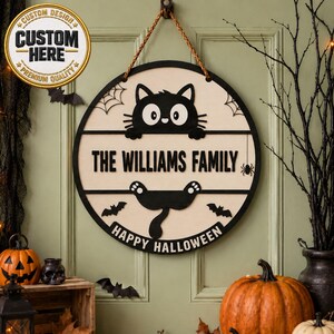 Personalized Black Cat Halloween Door Sign, Custom Spooky Door Sign, 2 Layer Wooden Welcome Sign, Spooky Front Door Decor