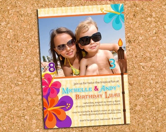 Combined Birthday Party Tropical Photo Invitation, Hawaiian Luau Tropics Party Invite, Sibling Party - DiY Printable || Tropical Tickled Two