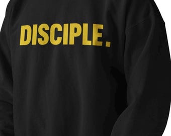 Sudadera de cuello redondo DISCIPLE, gráfico minimalista de fe, letras mayúsculas amarillas