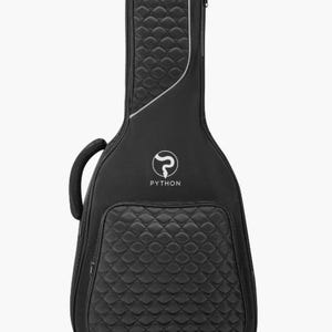 May include: A black guitar gig bag featuring a quilted texture on the headstock and front pocket. The bag includes a side handle, a zipper closure, and a white logo with the word PYTHON printed in the center of the front panel.