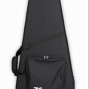 May include: Black guitar case with a white logo at the top and a zippered pocket on the front. The pocket has the text "TKL" and a horizontal stripe design.