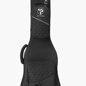 May include: A black guitar gig bag featuring a quilted texture on the front pockets. The bag displays the white text PYTHON and a snake logo. It includes a side handle, a top accessory pocket, and a larger bottom pocket with a buckle strap closure.