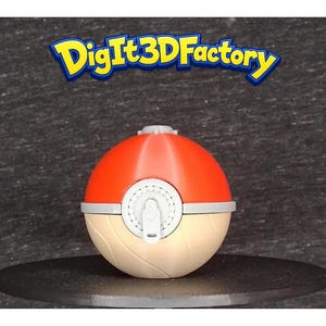 May include: A 3D-printed Poké Ball in red, white, and beige. The ball has a circular design with a button and a gray band. The text "Digit3DFactory" is in the background.
