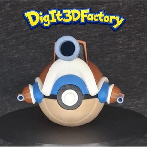 May include: A 3D-printed, tan, blue, and white toy resembling a cartoon character. The toy has a circular body with a black wheel and blue accents. The text "DigIt3DFactory" is displayed above the toy.
