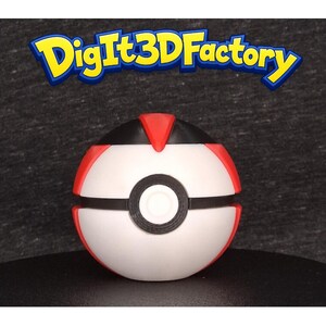 May include: A white and red Poké Ball with a black band and center circle. The top of the ball is black with a red triangle. The logo "DigIt3DFactory" is above the ball in yellow and blue.