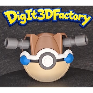 May include: A spherical brown and tan toy with a central white button, blue side accents, and two gray cylindrical protrusions extending from the sides. The text DigIt3DFactory is displayed in yellow and blue lettering above the object.