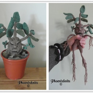 May include: A knitted brown and green Mandrake plant with a grumpy face, in a terracotta pot. The plant is also shown being held by a hand, with its roots extending out.