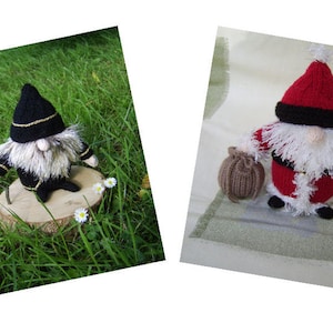 Puede incluir: Dos adornos de gnomo tejidos, uno en negro y dorado con una larga barba blanca y un bastón, y el otro en rojo y blanco con una larga barba blanca y un saco marrón.