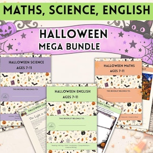 May include: A Halloween Mega Bundle educational set featuring booklets for Maths, Science, and English for ages 7-11. The collection includes various worksheets with seasonal graphics like pumpkins, bats, and ghosts on a light background.