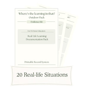 以下が含まれることがあります： 「Where's the learning in that? Outdoor Pack Evidence Kit」と「20 Real-life Situations」などのテキストが記載された白い紙の書類の束。これらの書類は、英国のホームスクーラー向けに設計されています。