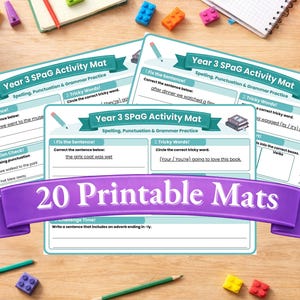 Könnte beinhalten: Arbeitsblätter für das 3. Schuljahr zur Rechtschreibung, Zeichensetzung und Grammatik. Die Blätter enthalten Übungen zur Satzkorrektur und zur Identifizierung schwieriger Wörter. Das Bild zeigt Stifte, Blöcke und den Text "20 Printable Mats".