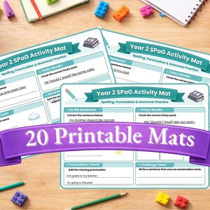 Peut inclure: Plusieurs feuilles d'exercices SPaG de 2e année pour la pratique de l'orthographe, de la ponctuation et de la grammaire. Les feuilles comprennent des exercices tels que la correction de phrases et l'identification de mots difficiles. Une bannière violette indique "20 Printable Mats".