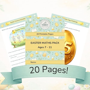May include: A collection of Easter-themed printable worksheets. The "Easter Maths Pack" offers 20 pages of activities for ages 7-11. The design includes Easter eggs, chicks, and the text "20 Pages!" on a banner.