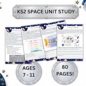 May include: A KS2 Space Unit Study educational packet featuring 80 pages of space-themed worksheets. The pages include text about missions, the atmosphere, planets, and living in space, decorated with rocket and planet illustrations.