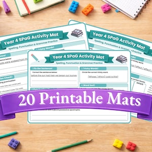 May include: A set of Year 4 SPaG (Spelling, Punctuation, and Grammar) activity mats. The white mats with teal accents include exercises on spelling, punctuation, and grammar. A purple banner displays "20 Printable Mats". Pencils and blocks are scattered around.