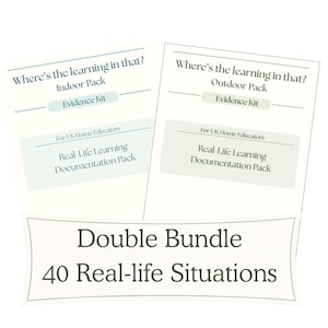以下が含まれることがあります： 英国のホームスクーラー向け教育リソースのダブルバンドル。画像には、「Indoor Pack」と「Outdoor Pack」の2つのパックがあり、それぞれに「Evidence Kit」と「Real-Life Learning Documentation Pack」が付属しています。バンドルには40の現実の状況が含まれています。