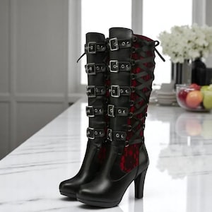 Gothic platformlaarzen met hoge hakken voor dames | Halfhoge laarzen met dikke hak en strik | Stijlvolle gothicschoenen