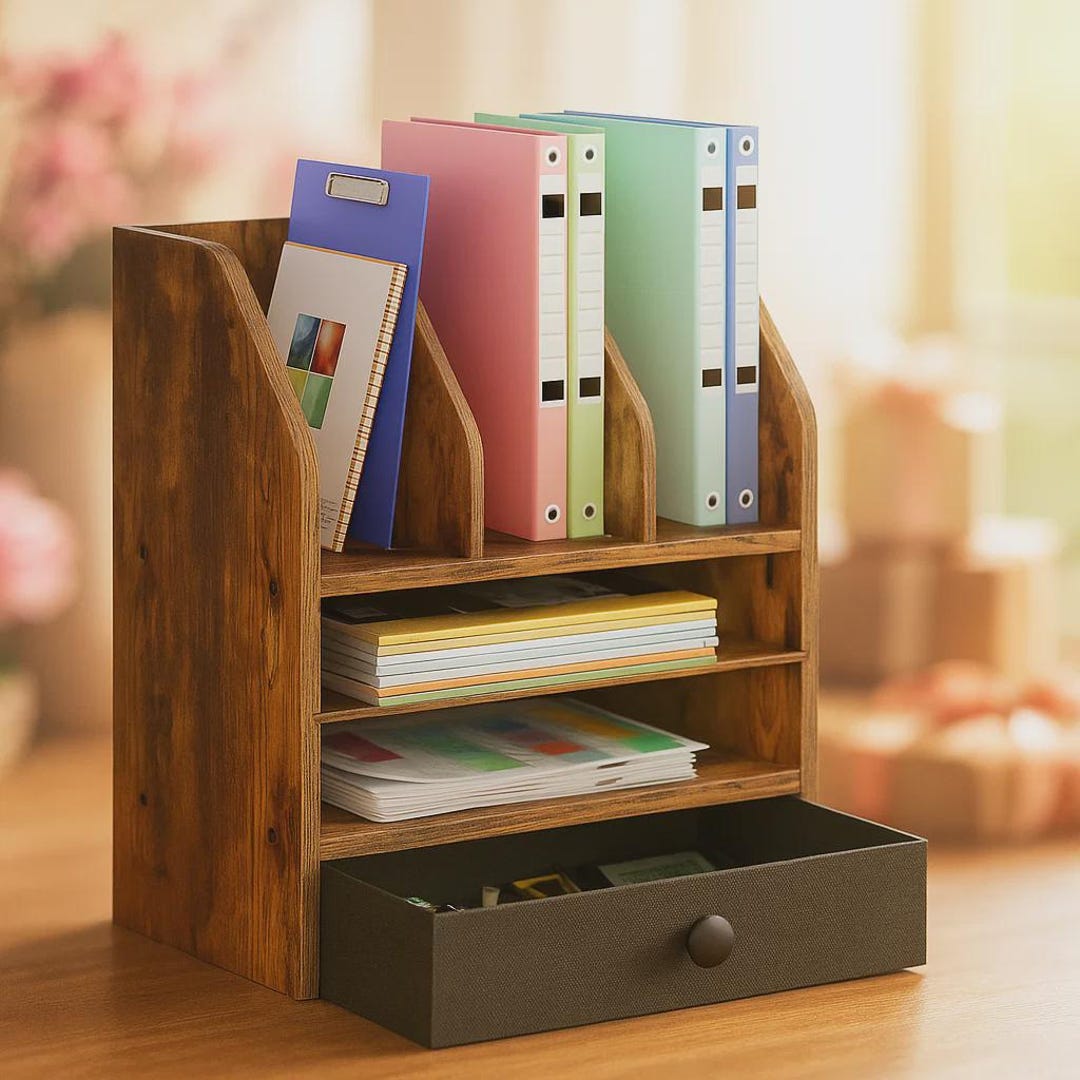 Rustic Wood Desk Organizer, Vintage Industrial Desktop Storage With ...