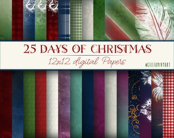 25 Days of Christmas Digital Scrapbook Paper 12x12 - 6 colors - festive arty printable cardstock winter holiday design