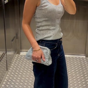 Bolso de mano dorado metalizado, bolso de mano plateado de punto, bolso clutch, bolso de ganchillo para evento, bolso de mano de fiesta