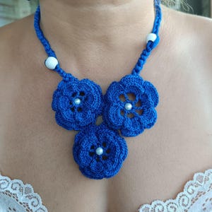 Handmade Crochet Jewelry Set | Blue Flower Necklace and Earrings | Boho Festival Jewelry | Unique Gift for Her