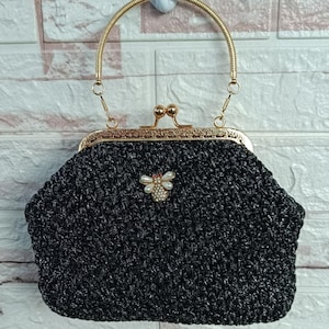 Handmade Black Crochet Clutch Bag with Gold Handle | Elegant Evening Purse | Vintage Style Handbag for Women