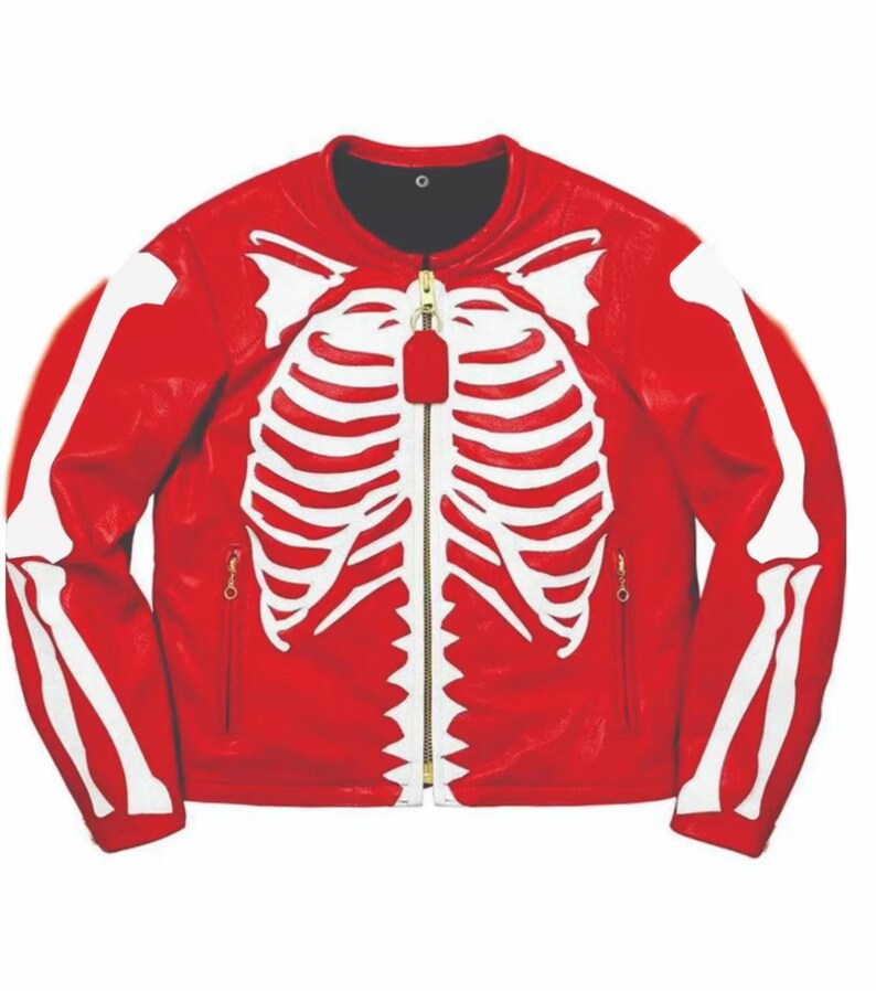 Skeleton Leather Jacket – Gothic Biker Style – Halloween Bone Print ...