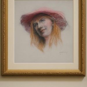 Femme enchanteresse au chapeau rouge - portraits artistiques - oeuvre d'art murale élégante